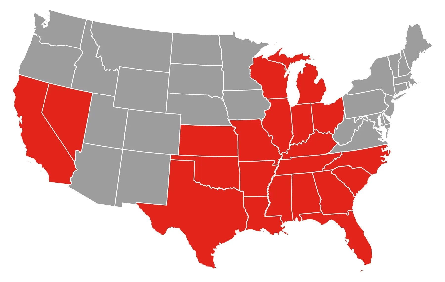 Map of the United States with 21 states shaded red where AT&T lists discontinued service areas