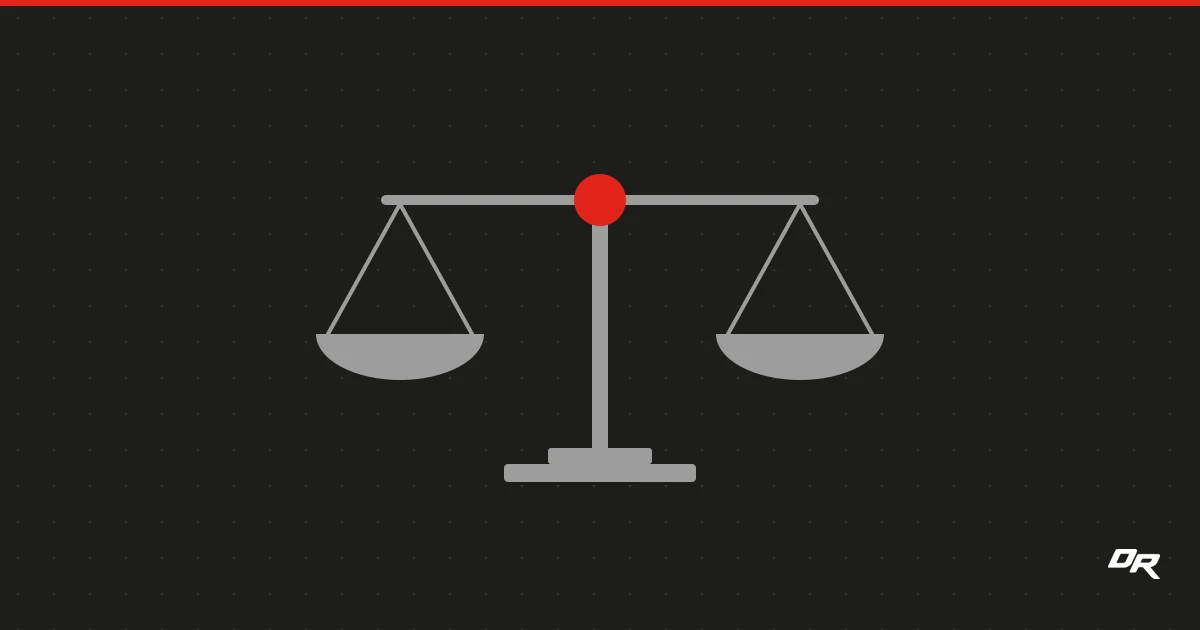 A level gray balance scale on a dark dotted background, its beam resting on a solid red pivot at the top of the post.