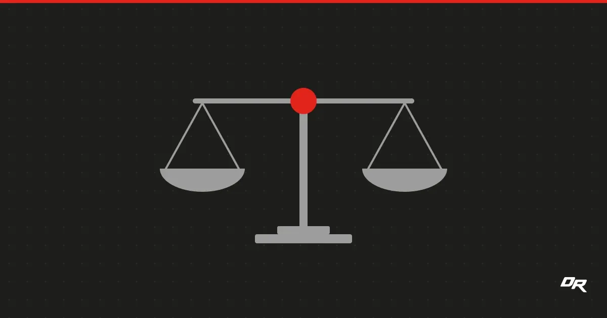 A level gray balance scale on a dark dotted background, its beam resting on a solid red pivot at the top of the post.