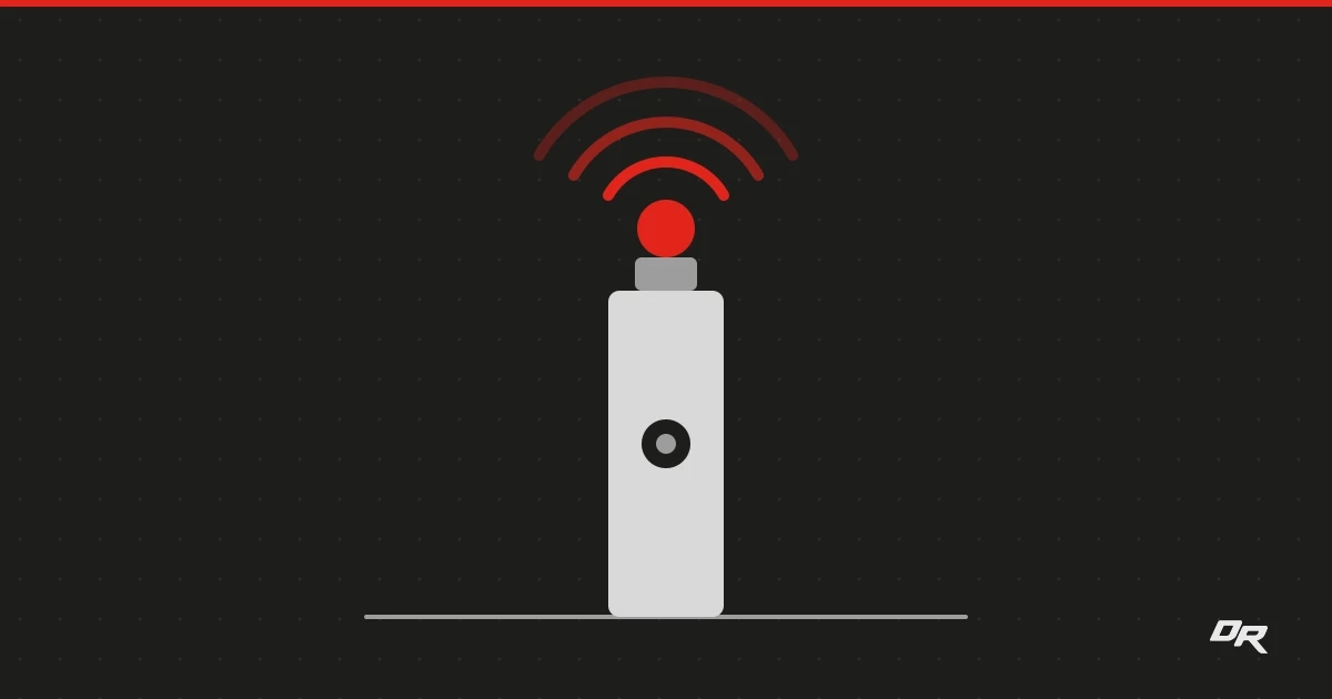 Flat vector graphic on a dark dotted background: a light gray emergency call pillar with a dark call button stands on a gray ground line, topped by a solid red beacon with three nested red arcs radiating upward.