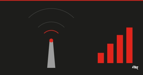 Cell and radio towers with red digital connectivity lines and communication icons representing POTS replacement for tower connectivity.