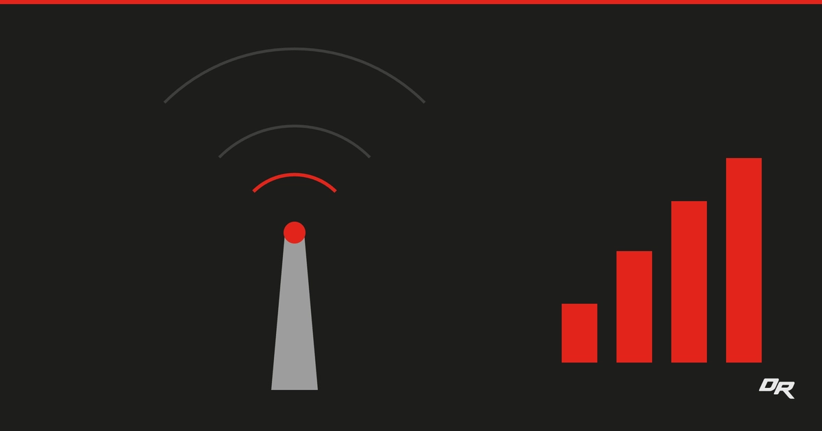 Cell and radio towers with red digital connectivity lines and communication icons representing POTS replacement for tower connectivity.