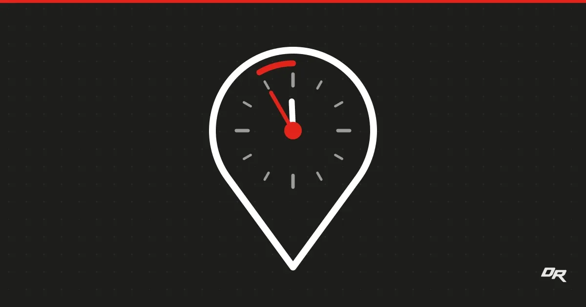 A white map-pin outline on a dark dotted background, with a clock face inside the pin whose red minute hand and red arc mark the last minutes before twelve.