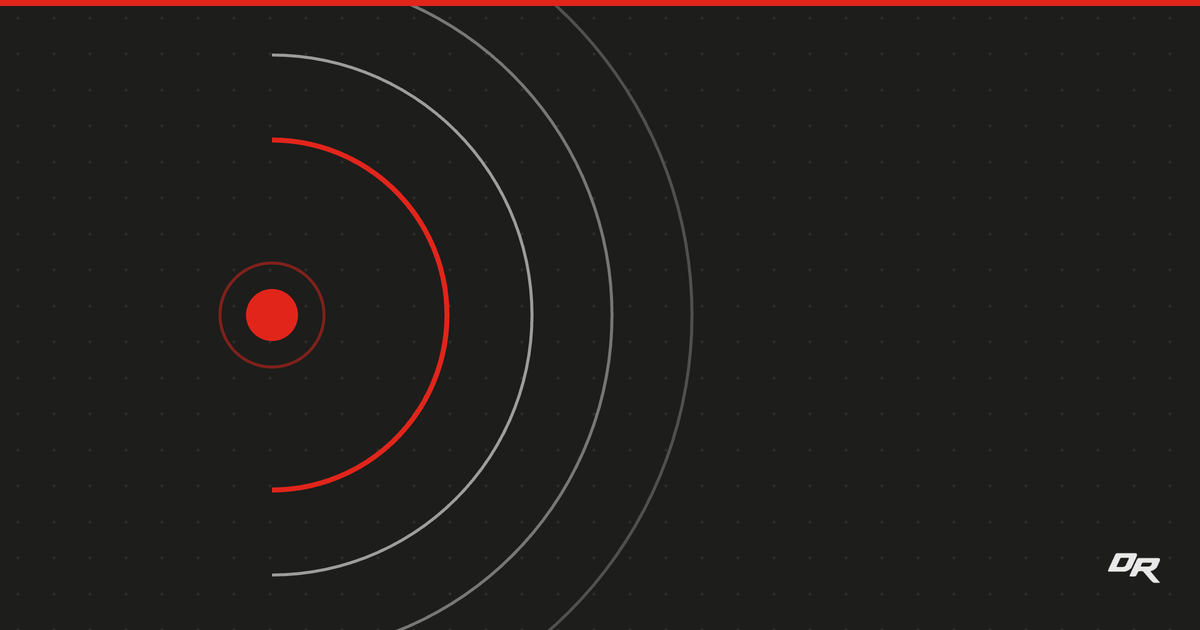 Concentric arcs radiating rightward from a solid red emitter dot, the innermost arc red and the outer two gray, on a dark dotted background.