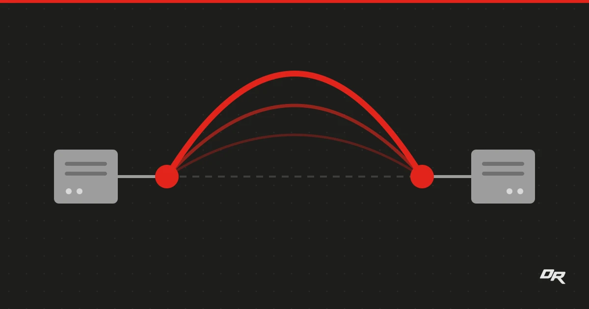 Flat vector graphic on a dark dotted background: two gray modem boxes at the far left and right, each joined by a short gray wire to a solid red node, with three nested red arcs bridging the two nodes high above a faint dashed line.