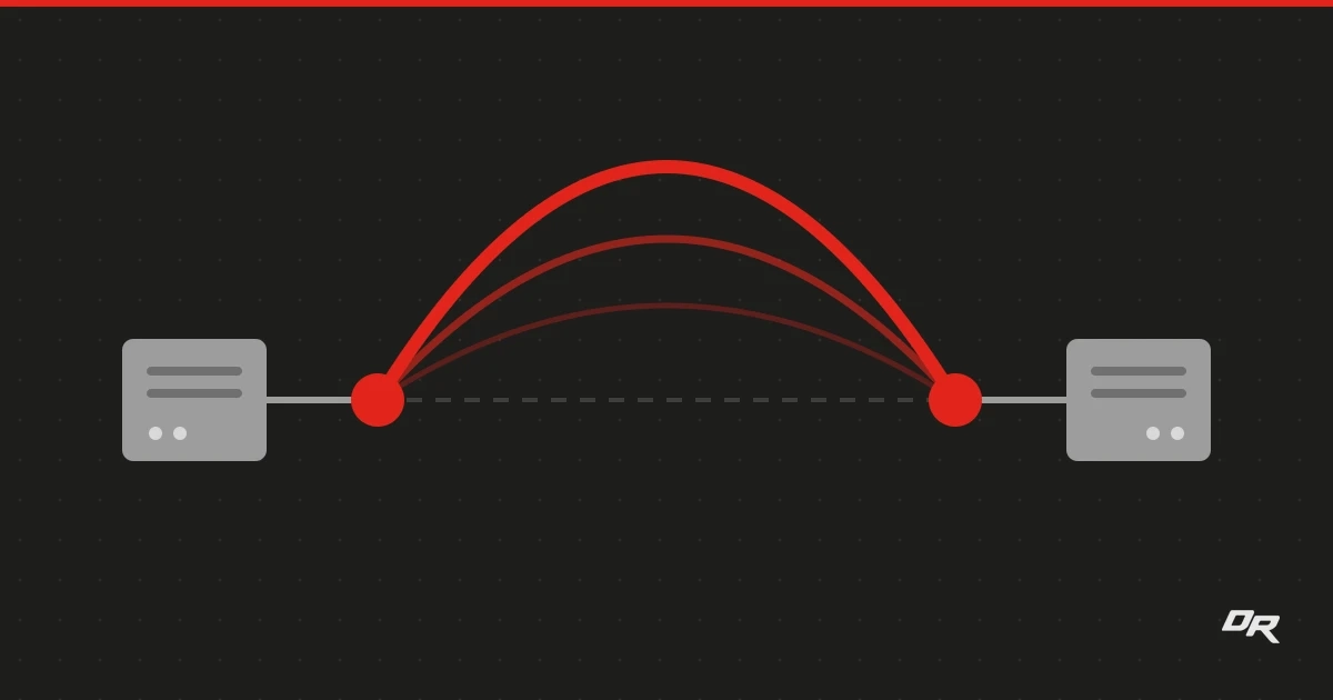 Flat vector graphic on a dark dotted background: two gray modem boxes at the far left and right, each joined by a short gray wire to a solid red node, with three nested red arcs bridging the two nodes high above a faint dashed line.