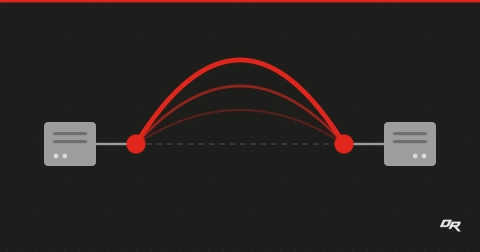 Flat vector graphic on a dark dotted background: two gray modem boxes at the far left and right, each joined by a short gray wire to a solid red node, with three nested red arcs bridging the two nodes high above a faint dashed line.