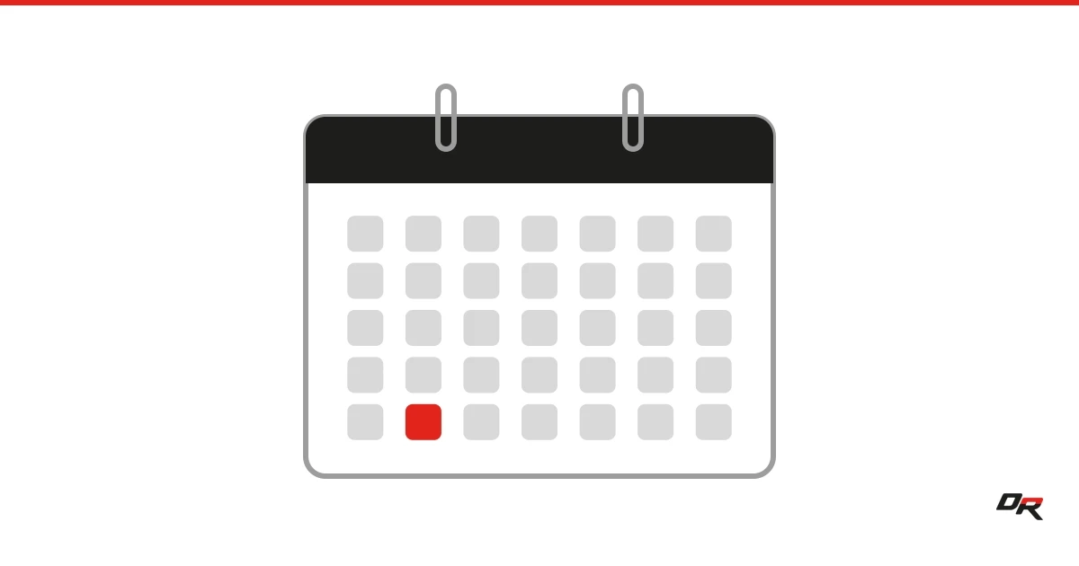 A wall calendar drawn in gray outline with a dark header bar and two binder rings, its grid of light gray day squares broken by one solid red square, on a white background.