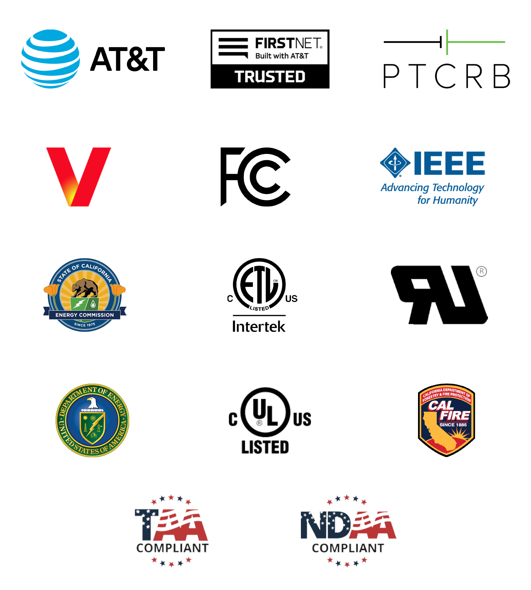 VAB-1 Certifications: AT&T, Verizon, PTCRB, FCC, IEEE, CEC, DOE, UL-62368-1, UL-864, UL-2054, Cal Fire, TAA, NDAA